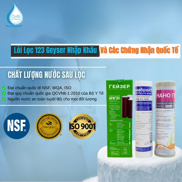Cac chứng nhận quốc tế cho lõi lọc 123 Geyser nhập khẩu