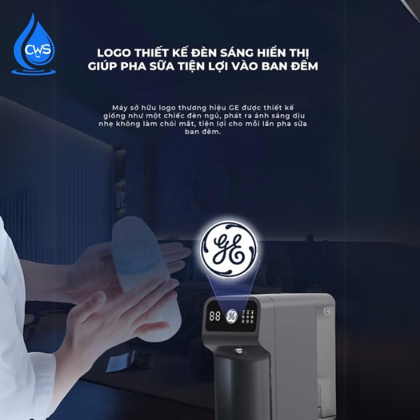 Logo máy lọc nước GE B04 sáng đèn hiển thị giúp pha sữa tiện lợi ban đêm
