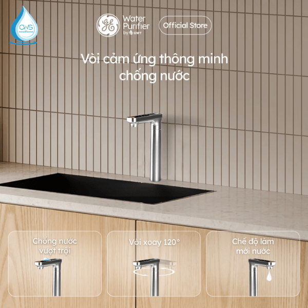 Máy lọc nước GE USH10 sở hữu vòi cảm ứng chống nước thông minh