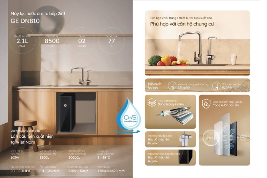 Máy lọc nước GE DN810 âm tủ bếp 2in1