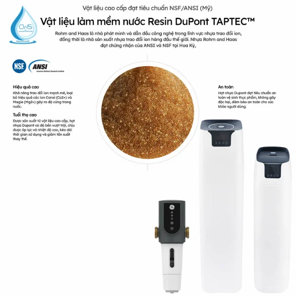 Vật liệu làm mềm nước Resin DuPont TAPTEC cho thiết bị GTEC-30A01-G đạt chuẩn NSF_ANSI