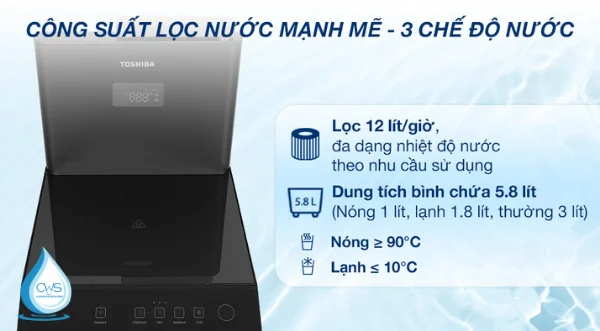 Máy lọc nước Toshiba OriginPure TWP-W2399SVN(M) sở hữu dung tích lớn, đáp ứng mọi nhu cầu