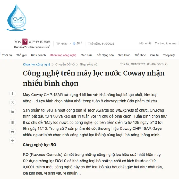 Lõi Lọc Nước Coway - Công nghệ lọc tiên tiến được bình chọn bởi VNExpress 2011