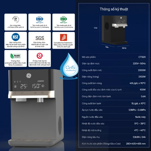 Bảng thông số kỹ thuật máy lọc nóng lạnh GE CTS20