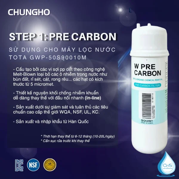 Chức năng của lõi lọc nước Pre Carbon Chungho TOTA