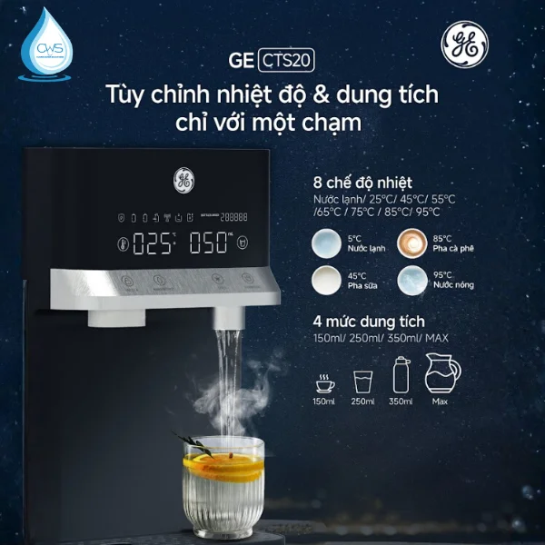 Máy lọc nóng lạnh GE CTS20 điều chỉnh nhiệt độ, dung tích dễ dàng với 1 chạm