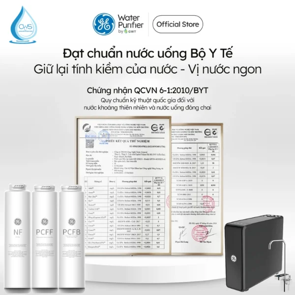 Chứng nhận QCVN 6-1_2010/BYT cho chất lượng nước sau lọc máy GE DN810