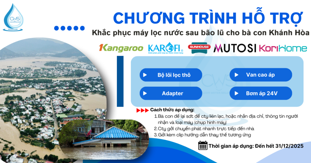 Chương trình CWS hỗ trợ sửa máy lọc nước bị ngập sau bão lũ cho bà con Khánh Hòa
