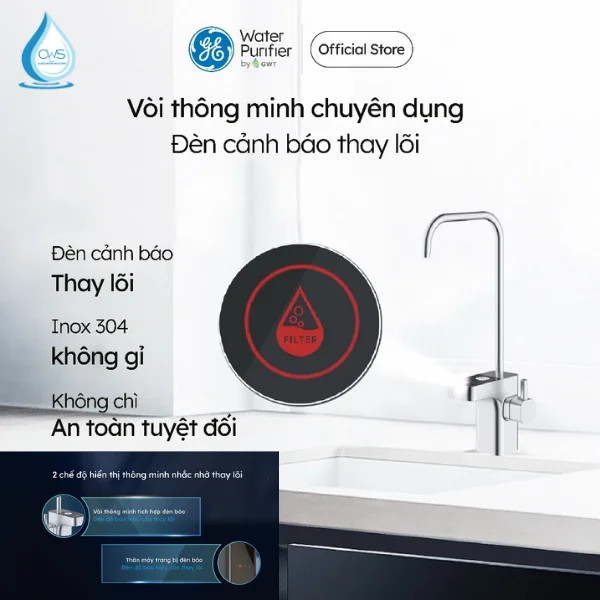 Tính năng nhắc nhở thay lõi thông minh trên vòi máy lọc nước GE DN810