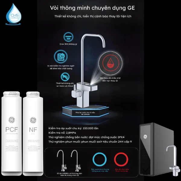 Vòi thông minh máy lọc nước GE GN620 nhắc nhở thay lõi