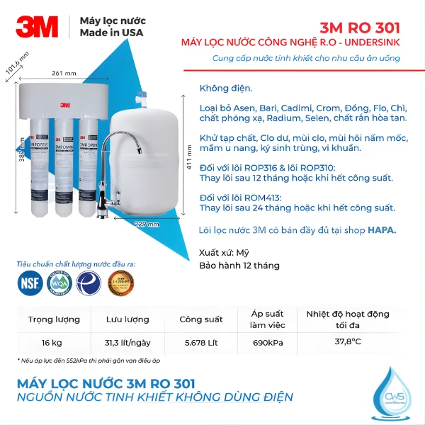 Các thông số kỹ thuật của máy lọc nước 3M Aqua-Pure RO301