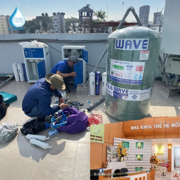 Lắp đặt lọc nước ghế nha tại nha khoa Thế Hệ Mới gồm 2 máy lọc bán công nghiệp 100L và bồn kháng khuẩn WAVELIFE