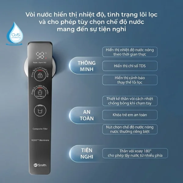 Tính Năng Bảo Vệ Trên Vòi Điện Tử Máy Lọc Nước AO Smith LUX-AOU800HOT