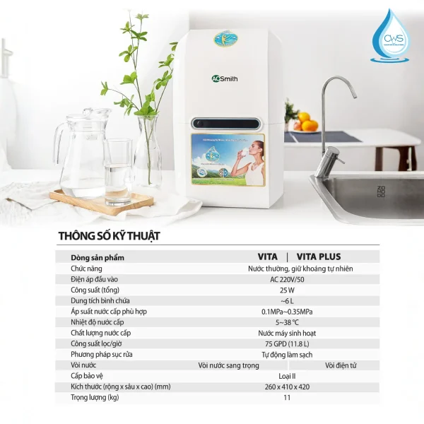 Bảng Thông Số Kỹ Thuật Chi Tiết Máy Lọc Nước AO Smith Vita Plus