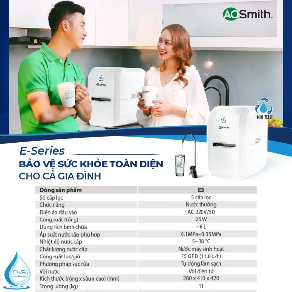Bảng Thông Số Kỹ Thuật Của Máy Lọc Nước AO Smith E3 Chi Tiết