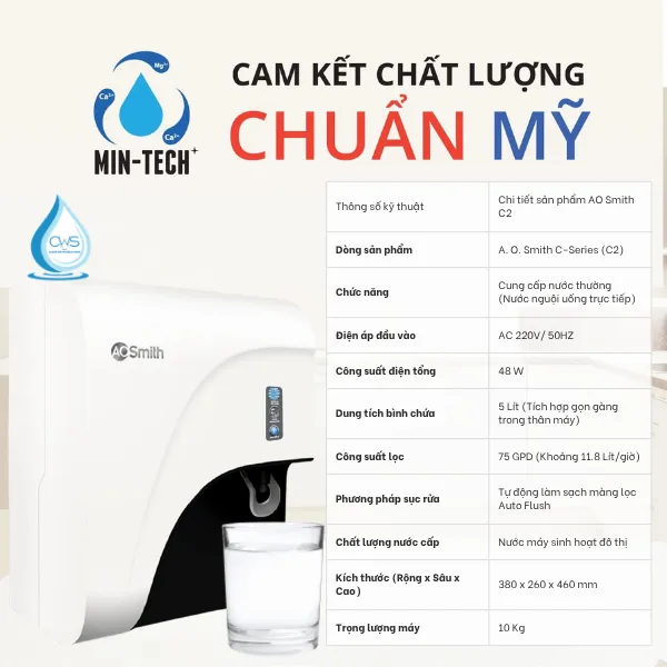 Bảng Thông Số Sản Phẩm Máy Lọc Nước AO Smith C2 Chi Tiết