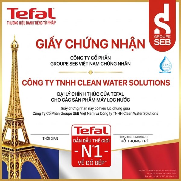 Giấy Chứng Nhận Đại Lý Phân Phối Chính Hãng Máy Lọc Nước Tefal Của Clean Water Solutions