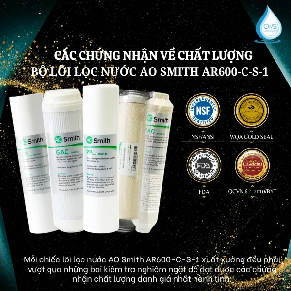 Các Chứng Nhận Về Chất Lượng Của Bộ Lõi Lọc Nước AO Smith AR600-C-S-1