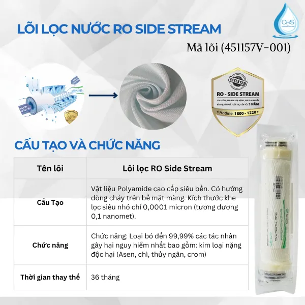 Lõi Số 4 - Màng Lọc RO-Side Stream (Mã lõi: 451157V-001)