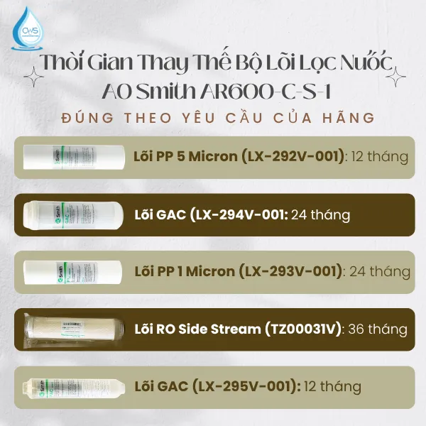 Thời Gian Thay Thế Bộ Lõi Lọc Nước AO Smith AR600-C-S-1 Đúng Theo Yêu Cầu Của Hãng