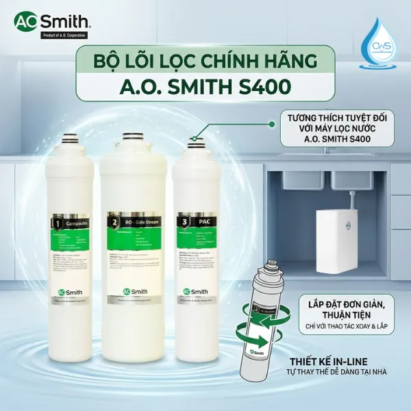 Bộ Lõi Lọc Nước AO Smith S400 Tương Thích Với Máy Lọc Nước AO Smith S400 Âm Tủ Bếp