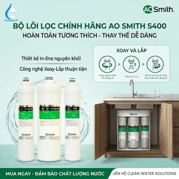Lõi Lọc Nước AO Smith S400 Thiết Kế In-Line Kết Nối Nhanh