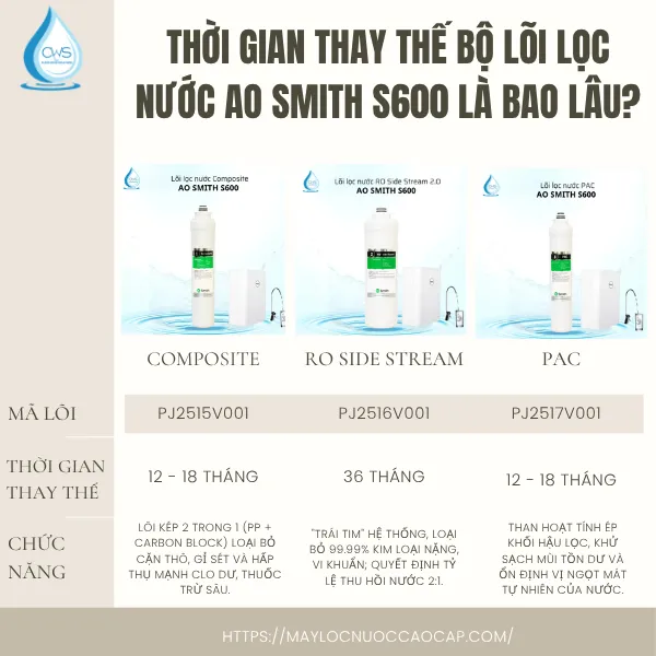Thời Gian Thay Thế Bộ Lõi Lọc Nước AO Smith S600 Là Bao Lâu