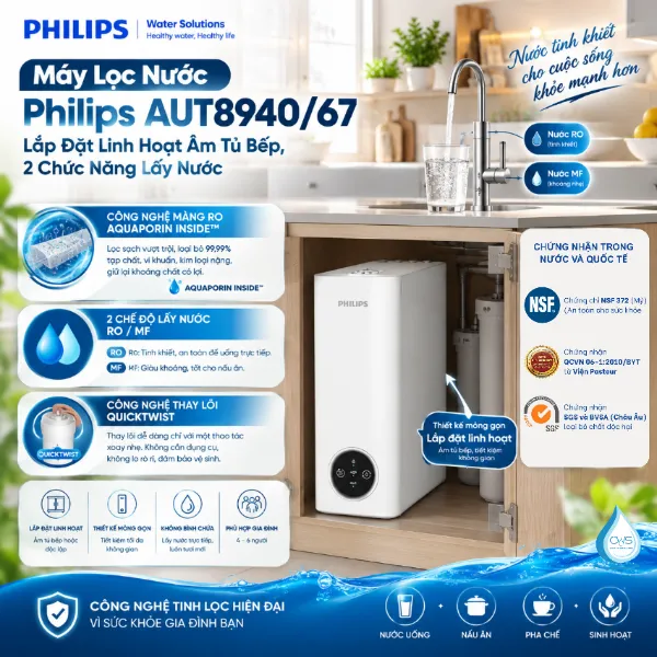 Máy Lọc Nước Philips AUT8940/67 - Lắp Đặt Linh Hoạt Âm Tủ Bếp, 2 Chức Năng Lấy Nước